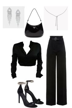 All Black Outfit Ideas Classy, Coorprate Baddie Outfits, Fancy All Black Outfit, Spy Outfit Women Classy, Dark Glam Outfit, Mafia Boss Outfit Woman, Black Polyvore Outfits, All Black Outfit Elegant, Elegant All Black Outfit