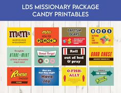 a bunch of different candy labels on a wooden background with the words,'l d s mission package candy printables '