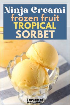 two scoops of frozen fruit tropical sorbet in a glass bowl with ice cream