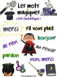 a poster with words written in french and english, including the names of different things