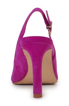 A square toe and tapered heel balance a polished sandal fashioned with an adjustable slingback strap for a secure fit. 4" heel (size 8.5) Adjustable slingback strap with buckle closure Leather upper/synthetic lining and sole Made in Brazil Summer Purple Slingback Heels, Purple Slingback Heels For Summer, Pink Slingback Pumps With Wrapped Heel And Ankle Strap, High Heel Slingback Pumps With Adjustable Straps For Party, 4-inch Slingback Heels, Purple Open Heel Heels With Buckle Closure, Heels With Adjustable Straps And Open Heel, Pink Slingback Pumps With Wrapped Heel, Purple Slingback Pumps With Ankle Strap