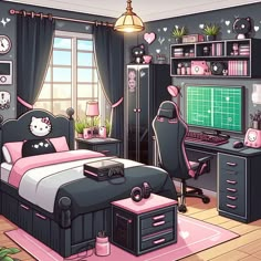 a bedroom decorated in pink and black with hello kitty decorations on the walls, desks and bed