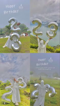 three different photos with the same person holding balloons in their hands and numbers on them