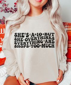 Introducing our newest crewneck that perfectly captures the essence of the modern woman - she's a 10, but she has her quirks. This crewneck is for the girl who overthinks everything and can't help but indulge in a little too much retail therapy. Despite her flaws, she's confident and knows she's a catch. The colors Sand, Light Pink, Light Blue, and Ash provide a sleek and chic canvas for the statement text, making it the perfect addition to any outfit. So go ahead, embrace your imperfections, an She’s A Ten But, Fall T-shirt With Lettering, Winter Slogan T-shirt, Trendy Crew Neck Sweatshirt With Funny Text, She's A 10 But, Funny Crew Neck Sweatshirt With Screen Print, Funny Graphic Print Crew Neck Sweatshirt, Stretch Crew Neck T-shirt With Funny Print, David Wright