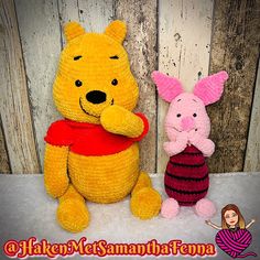 two knitted winnie the pooh and piglet stuffed animals