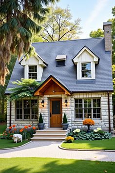 a house that is in the grass with flowers and plants around it on the front lawn