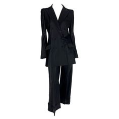 F/W 1994 John Galliano Double Breasted Oversized Silk Runway Suit | From a unique collection of rare vintage Trouser Pant Suits at https://www.1stdibs.com/fashion/clothing/suits-outfits-ensembles/trouser-pant-suits/. Chic Silk Business Suit, Chic Business Silk Suit, Chic Silk Suit For Fall, Luxury Evening Suits For Spring, Silk Long Sleeve Evening Suit, Black Satin Blazer For Evening, Chic Fall Silk Suit, Luxury Spring Evening Suits, Silk Pantsuit For Spring Evening