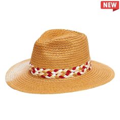 The NS-2316 from the Kallina Collection offers a unique combination of features ideal for outdoor protection. Crafted from genuine Toyo straw, the hat features a colored weave pattern that offers U.V. sun protection and an elastic fit for maximum comfort. Enjoy outdoor activities in style and confidence with this hat. Red Casual Panama Hat For Summer, Casual Red Panama Hat For Summer, Casual Straw Panama Hat For Outdoor, Brown Braided Panama Hat For Summer, Woven Sun Straw Hat For Travel, Brown Straw Panama Hat For Outdoor, Outdoor Brown Straw Panama Hat, Brown Straw Hat With Upf 50+, Casual Straw Hat For Pool