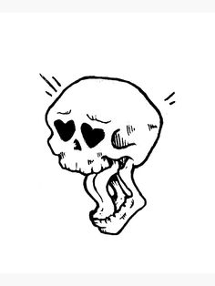 a black and white drawing of a skull with hearts on it's face,