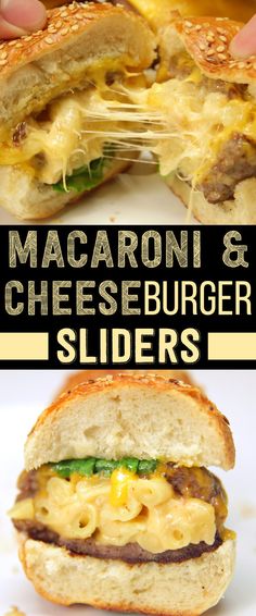 macaroni and cheese burger sliders are shown with the words macaroni and cheese sliders