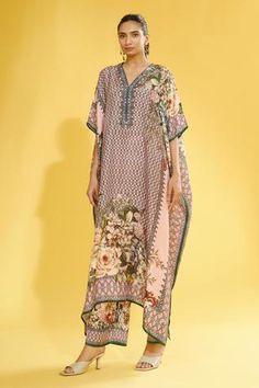 Shop for Rajdeep Ranawat Peach Kaliza Silk Printed Kaftan for Women Online at Aza Fashions Beige Kimono, Rajdeep Ranawat, Beaded Sleeves, Kaftan For Women, Printed Kimono, Tunics Online, Print Kimonos, Notting Hill, Fabric Silk