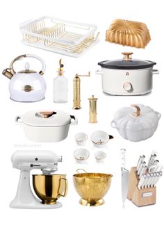 white and gold kitchen accessories are arranged on a white background