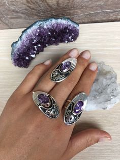 Armenian ornament ring and earrings in high quality sterling silver 925. The set is combined with purple zircons. Besides that stones we can make this set with any natural stones and minerals, also with another color of zircon. For the same model with red zircon, click here: https://etsy.me/2MDovFj For natural labradorite, click here: https://etsy.me/38iT0sl For natural variscite, click here: https://etsy.me/3nkk5jl For natural lapis lazuli, click here: https://etsy.me/3rXQMGC For custom one, cl Edwardian Rings, Armenian Ornaments, Red Crystal Ring, Victorian Style Rings, Ornaments Jewelry, Rings Oval, Oxidised Silver Jewelry, Edwardian Ring, Purple Chalcedony