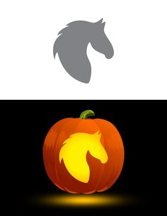 a pumpkin with a horse's head on it and the silhouette of a horse