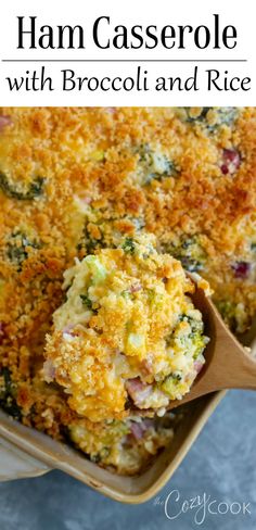 ham casserole with broccoli and rice in a baking dish