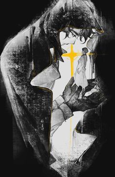 an artistic drawing of a woman in black and white with yellow cross on her chest