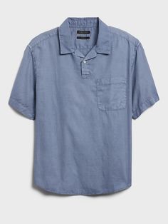 Unstructured Cotton Tops With Shirttail Hem, Spring Linen Tops With Welt Pockets, Washed Blue Summer Top With Pockets, Relaxed Fit Shirt With Welt Pockets And Shirttail Hem, Relaxed Fit Washed Blue Top With Pockets, Linen Shirt With Pockets And Shirttail Hem, Spring Linen Tops, Casual Washed Linen Shirt, Unstructured Washed Blue Tops With Pockets