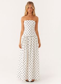 Andorra Maxi Dress - White Polkadot – Peppermayo US Hen Party Dress, Hen Party Outfits, College Gameday, Spring Formal, Cute Maxi Dress, Polka Dot Maxi Dresses, Strapless Neckline, Winter Formal, Ruched Skirt