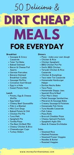 the 50 delicious and dirt cheap meals for every day is featured in this postcard