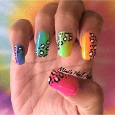 Rainbow Cheetah Print Nails, Rainbow Animal Print Nails, Rainbow Leopard Nails, Bright Animal Print Nails, Rainbow Cheetah Nails, Colorful Cheetah Print Nails, Cheetah Nail Art, Rainbow Cheetah Print, Nails Funky