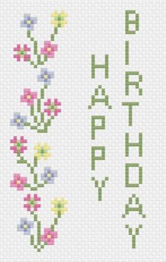 a cross stitch happy birthday card with flowers