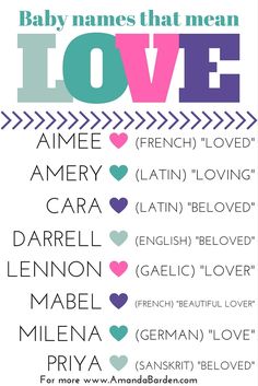 the baby names that mean love are shown in this printable poster, which is also available