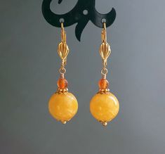 "Yellow and Carnelian Agate Earrings Round Drop Dangle Handmade Women Jewelry Gold Plated Leverbacks Length approx. 42mm  (1 5/8\") Width approx. 12mm (1/2\") Natural Yellow Agate Stone Carnelian agate" Earrings Beads, Yellow Agate, Carnelian Agate, Diy Jewlery, Yellow Jewelry, Rainbow Jewelry, Agate Earrings, Earrings Round, Yellow Earrings