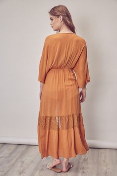 "Lace Cover Up Tie Woven Top Dress 100% Rayon Color: Caramel Model is wearing size small (5'9\" / 175CM) ALL SALES ARE FINAL." Bohemian Beach Midi Dress With Lace Trim, Flowy Rayon Dress With Lace Trim, Lace Trim Maxi Dress For Fall, Bohemian Orange Maxi Dress For Fall, Maxi Dress With Lace Trim For Fall, Fall Maxi Dress With Lace Trim, Bohemian Lace Trim Midi Dress For Vacation, Bohemian Midi Dress With Lace Trim For Vacation, Flowy Bohemian Brown Midi Dress