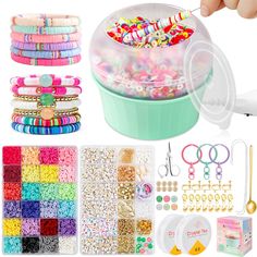 PRICES MAY VARY. 【Affordable Clay Bead Bracelet Kit】 Including 7200 pcs large capacity beads, offering more choices and creative possibilities. The electric bead spinner also comes with 1x bead spinner, 2x bead spinner needles, 2x 0.5mm threads, 4800 multiple colors of clay beads, letter beads, shells, circle metal beads, flat metal beads, spacer beads, metal clasps, open rings, lobster clasps, ear hooks, circle bead, gold earrings, 1 bead scoop, 1 small scissor, and 1 stainless steel elbow tweezers, etc 【Fast Spinning Crafted】 Made from durable ceramic and alloy, the bead spinner is compact for easy storage. The green color clay bead bracelet kit with spinner features smooth interiors to ensure seamless operation and long-lasting durability. The clay bead spinner came with a USB cable is Seed Bead Spinner, Clay Bead Bracelet Kit, Bead Spinner, Bracelet Kit, Diy Jewelry Projects, Open Rings, Jewelry Making Kit, Bracelet Kits, Necklaces And Bracelets