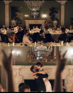 the bride and groom are hugging each other in front of their wedding guests at the dinner table