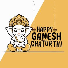 happy ganesh chaturth with an elephant sitting on the floor in front of it