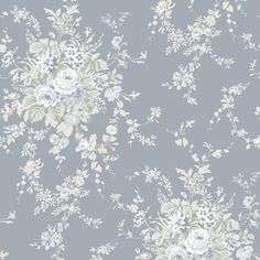 a floral wallpaper with white flowers and green leaves on a gray background in pastel shades