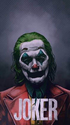 the joker movie poster with green hair and red jacket, in front of dark background