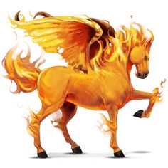 a yellow horse with wings on it's back legs and its tail spread out