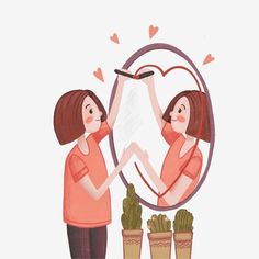 two women looking at each other in front of a mirror with hearts drawn on it