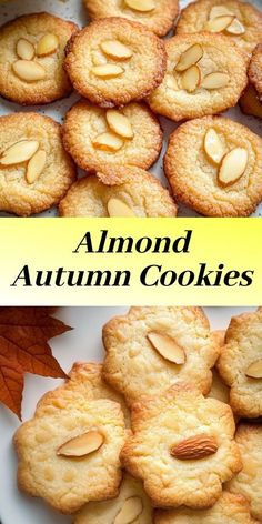 almond cookies on a plate with leaves and the words almond autumn cookies written below it