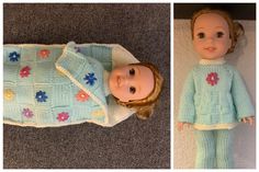 two pictures of a doll in a sweater and pants with flowers on them, one is laying down