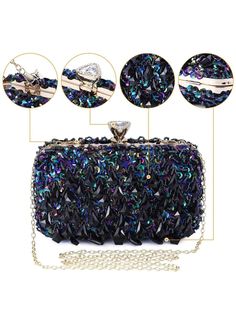 1.Material:The beautiful clutch handbag is made of sequins and transparent crystal beaded,bling, charming,fashionable and durable.
2.Capacity: 8.27 x 3.15 x 5.9 inches ( L*W*H ), nice size can fits in iPhone X, lipstick, mirror, a pack of tissuecards, cash, comb etc.
3.Feature:The clutch is noble and exquisite, all are handmade with  material. And is bling and sparkly under the light, please carefully consider whether you like bling items.
4.Chain-Strap: Removable noble chain strap for easy to c Bling Items, Vintage Glamour Wedding, Lipstick Mirror, Glamour Wedding, Weekend Wedding, Rhinestone Jewelry Set, Glitter Bag, Acrylic Clutch, Clutches For Women