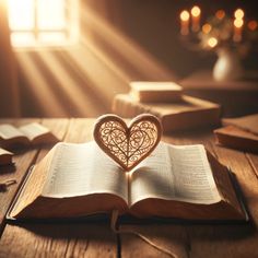 an open book with a heart cut out of it on top of a wooden table