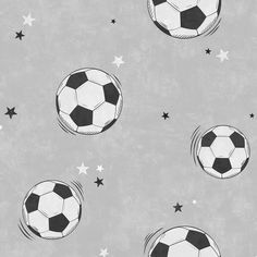 three soccer balls flying through the air with stars in the sky behind them on a gray background