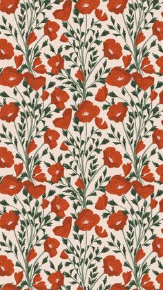 an orange and green flower pattern on a white wallpaper with red flowers in the background