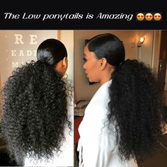 Curly Hair Ponytail Styles Wedding, Summer Evening Party Outfit, Middle Part Low Curly Ponytail, Black Hairstyles Curly Hair, Hairstyles For Black Bridesmaids, Long Curly Ponytail Black Women, Black Hair Wigs