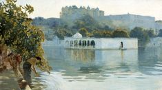 a painting of people standing in front of a body of water with a castle in the background