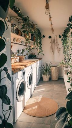 a washer and dryer in a room with plants on the wall