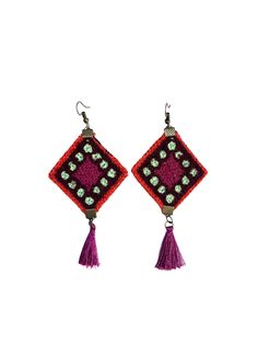 Gulzar - Handmade Needlework Drop Earrings: Pink and Brown Diamond Balochi Jewelry with a Tassel Gulzar is a Persian name meaning "rose garden". Elevate your accessory game with our stunning Balochi needlework earrings. Each pair is a beautiful blend of tradition and modern flair, inspired by the vibrant cultures of Balochistan, spanning across Iran, Afghanistan, and Pakistan. Crafted with meticulous care by myself and my talented cousin, these earrings are more than just accessories - they're little pieces of art. The intricate needlework, painstakingly done stitch by stitch, tells a story of heritage and craftsmanship. It's a process that takes time and skill, but the result is truly worth it - each pair is a unique masterpiece. Whether you're adding a bohemian touch to your everyday loo Traditional Handmade Rectangular Earrings, Multicolor Embroidered Bohemian Earrings, Handmade Traditional Rectangular Earrings, Multicolor Bohemian Beaded Rectangular Earrings, Multicolor Bohemian Rectangular Beaded Earrings, Bohemian Multicolor Rectangular Beaded Earrings, Multicolor Earrings As Festival Gift, Multicolor Earrings For Festival Gift, Handmade Purple Earrings For Festive Occasions