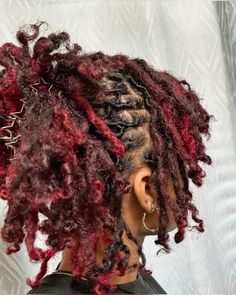 Red Ombre Locs Black Women, Black And Burgundy Locs, Cute Loc Colors, Dreadloc Colors, Red And Black Twists, Different Color Locs Black Women, Hair Dye Ideas Locs, Red Locs Black Women Dark Skin, Loc Hair Dye Ideas