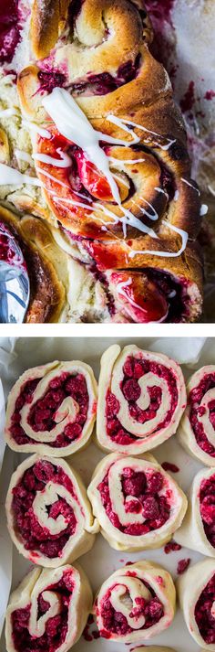 several different types of pastries with icing on them and in the background, there are cranberry swirl rolls