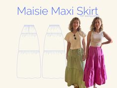 two women standing next to each other in front of a white background with the words maisie maxi skirt