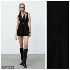 Nwt. Zara Black Golden Button Short Jumpsuit/Blazer With V-Neck Lapel Collar, Sleeveless, Front Zipper And Golden Button Closure. Size Xs. Ref. 2316/688. Pit To Pit 15,5" Flat, Shoulders 14", Waist 13 ", Rise 12,5", Inseam 2", Length 27-30". 1051. Fitted Workwear Pantsuit With Buttons, Fitted Pantsuit For Work With Buttons, Fitted Pantsuit With Buttons For Work, Fitted Pantsuit With Button Closure For Work, Fitted Pantsuit With Buttons For Office, Fitted Black V-neck Pantsuit, Fitted Pantsuit With Button Closure For Party, Chic Tailored Pantsuit With Buttons, Chic Office Wear Pantsuit With Buttons