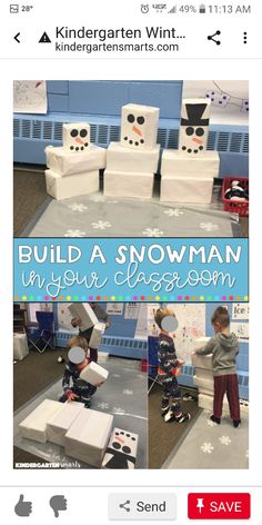 an instagramted photo shows two children playing with cardboard snowmen and building blocks